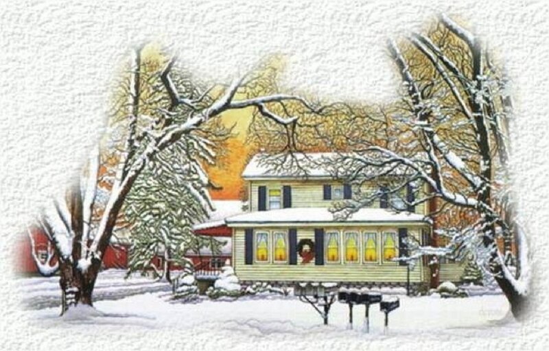 Snow-covered House — White, Peaceful, Winter, Illustration, Trees