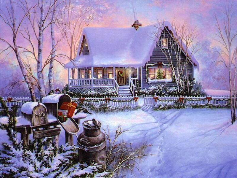 Snow-covered House — White, Peaceful, Winter, Painting, Mailbox