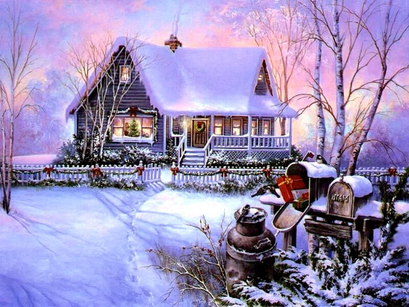 Snow-covered House — White, Peaceful, Winter, Painting, Mailboxes