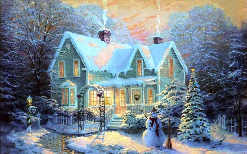 Snow-covered House — White, Peaceful, Winter, Painting, Snowman, Christmas Tree
