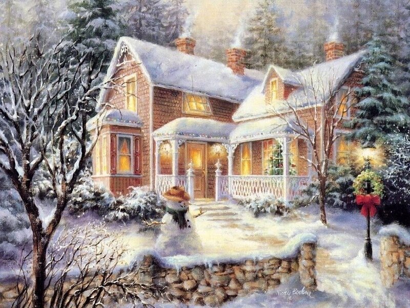 Snow-covered House — White, Peaceful, Winter, Painting, Snowman, Wreath