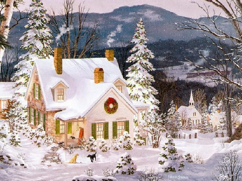 Snow-covered House — White, Peaceful, Winter, Painting