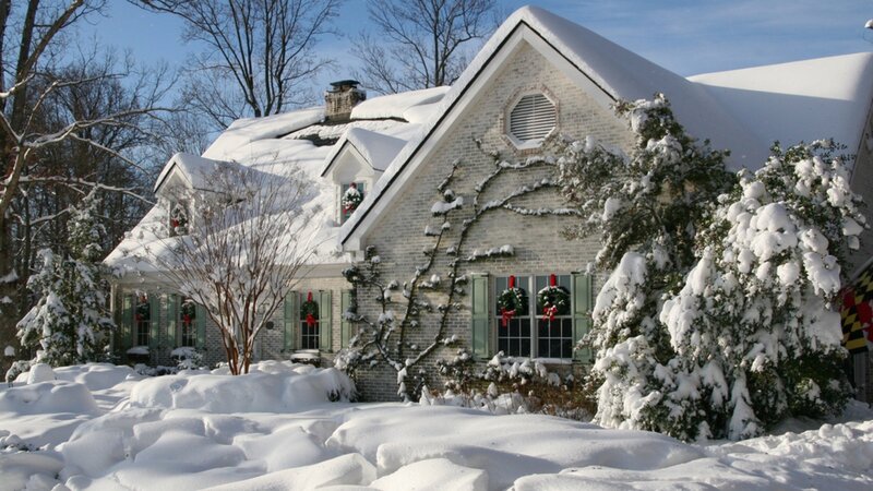 Snow-covered House — White, Peaceful, Winter, Photograph, Wreaths