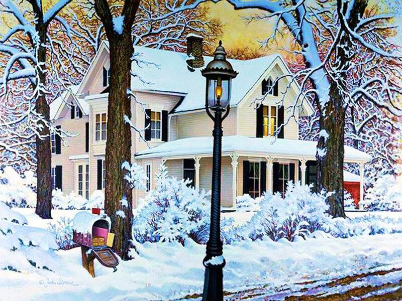 Snow-covered House — White, Serene, Winter, Painting, Lamp Post