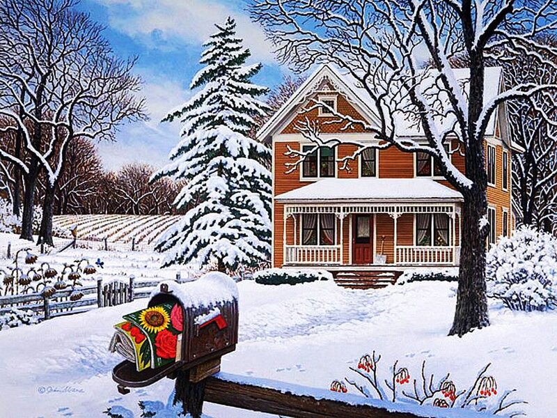 Snow-covered House — White, Serene, Winter, Painting, Mailbox