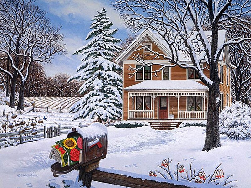Snow-covered House — White, Serene, Winter, Painting