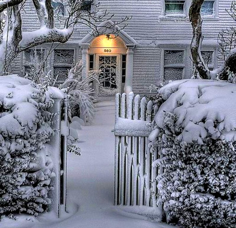 Snow-covered House — White, Serene, Winter, Photograph, Gate