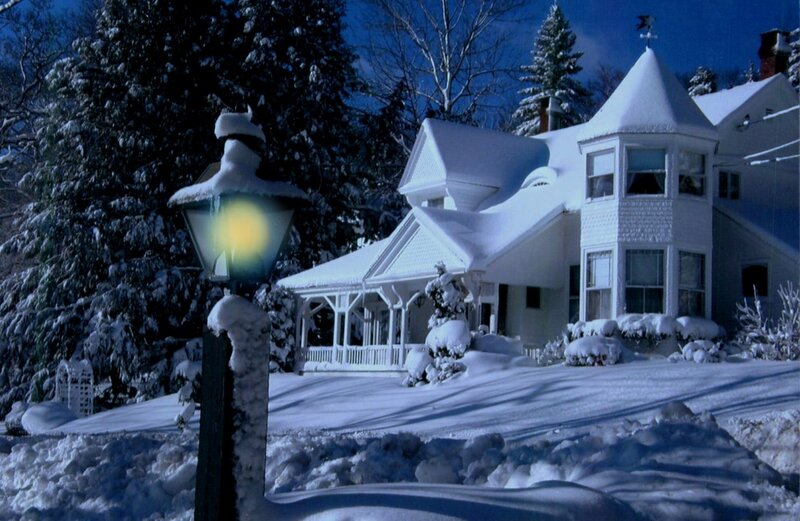 Snow-covered House — White, Serene, Winter, Photograph, Lamp Post