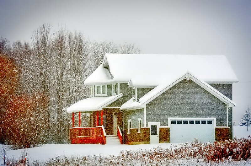 Snow-covered House — White, Serene, Winter, Photograph, Trees, Porch, Garage