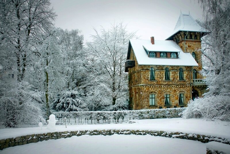 Snow-covered House — White, Serene, Winter, Photograph, Trees, Snowman