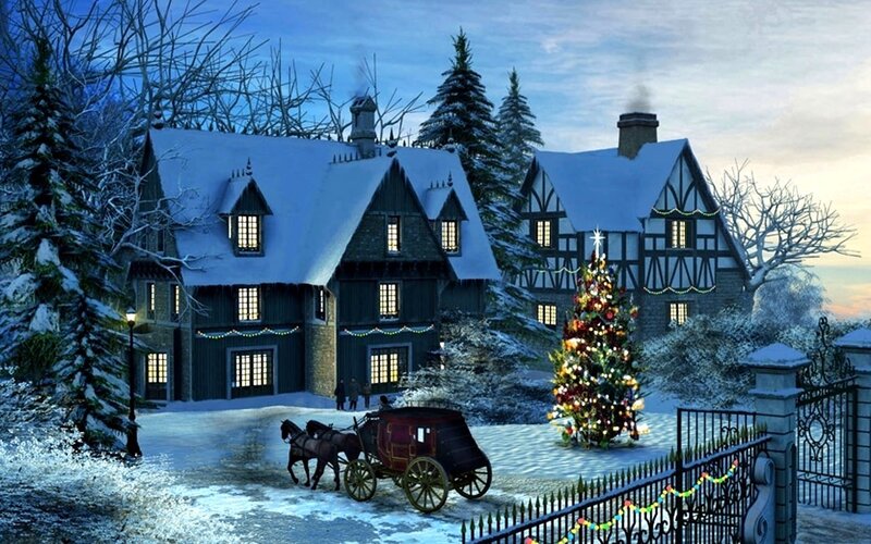 Snow-covered House with Christmas Tree
