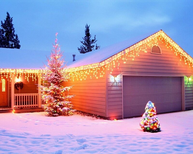 Snow-covered House with Lights — Blue