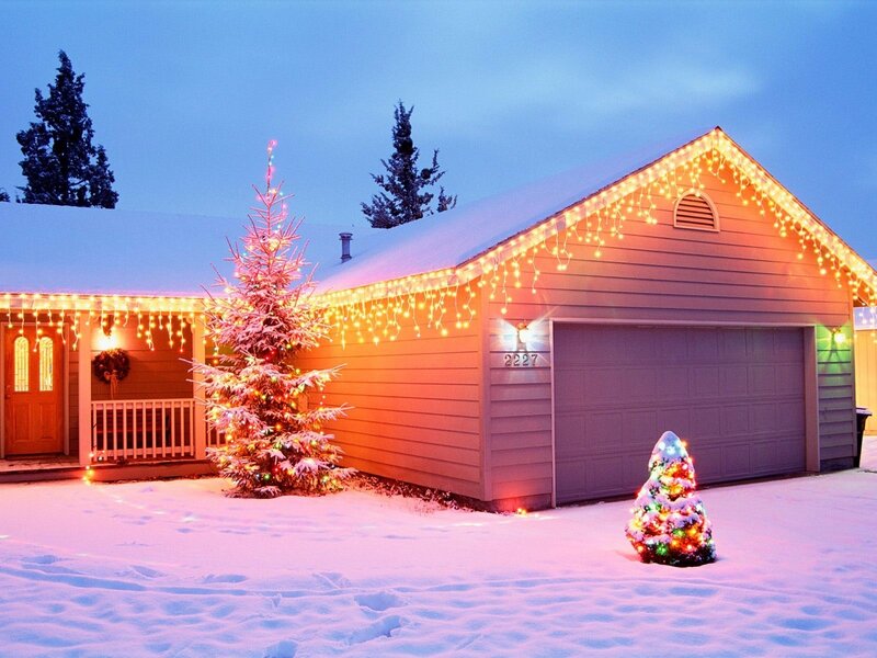 Snow-covered House with Lights — White, Festive