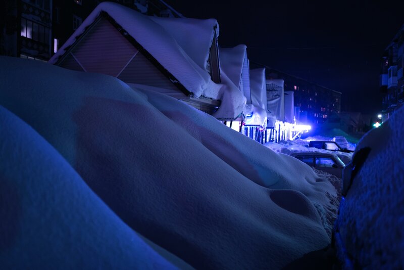 Snow-covered Houses at Night — Blue, Cold