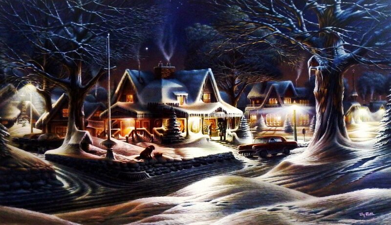 Snow-covered Houses at Night — Blue, Peaceful, Painting