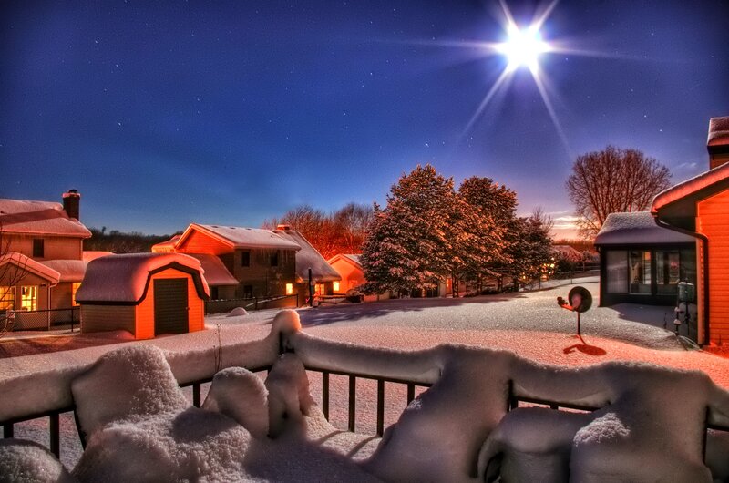Snow-covered Houses at Night — Blue, Serene, Photograph