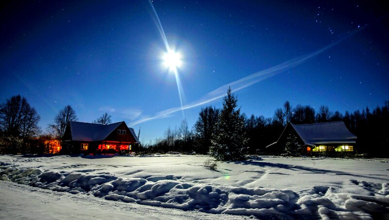 Snow-covered Houses at Night — Blue, Serene, Photograph, Trees