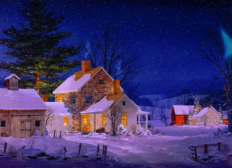 Snow-covered Houses at Night — Blue, Serene