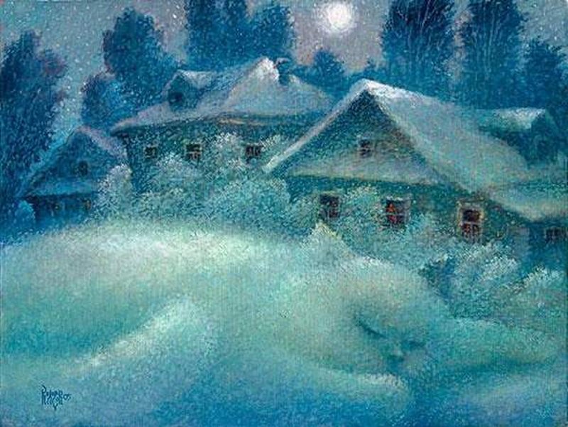 Snow-covered Houses at Night — Blue