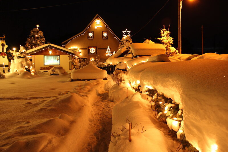 Snow-covered Houses at Night — White, Festive