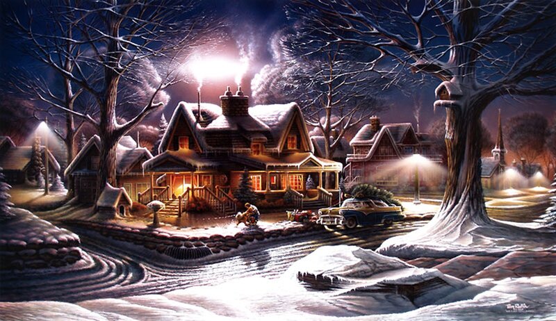 Snow-covered Houses at Night — White, Peaceful