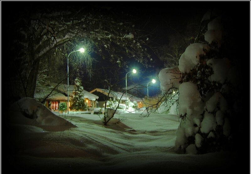 Snow-covered Houses at Night — White, Quiet
