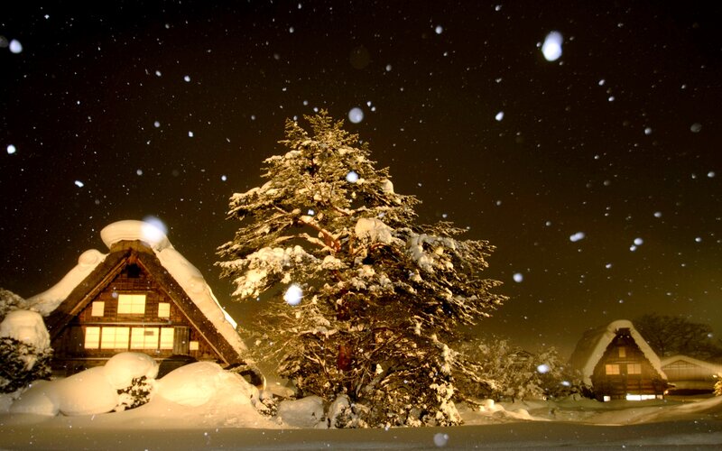 Snow-covered Houses at Night — White, Serene