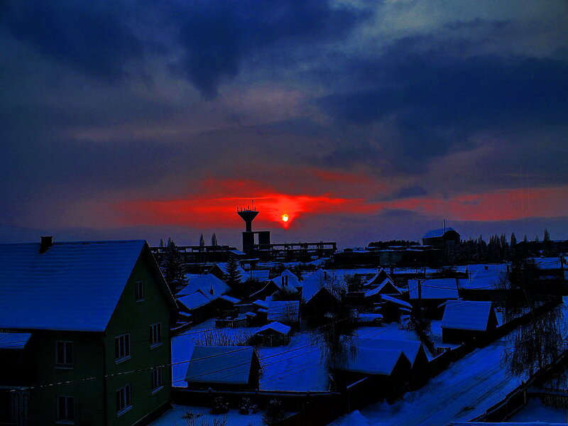 Snow-covered Houses at Sunset — Blue