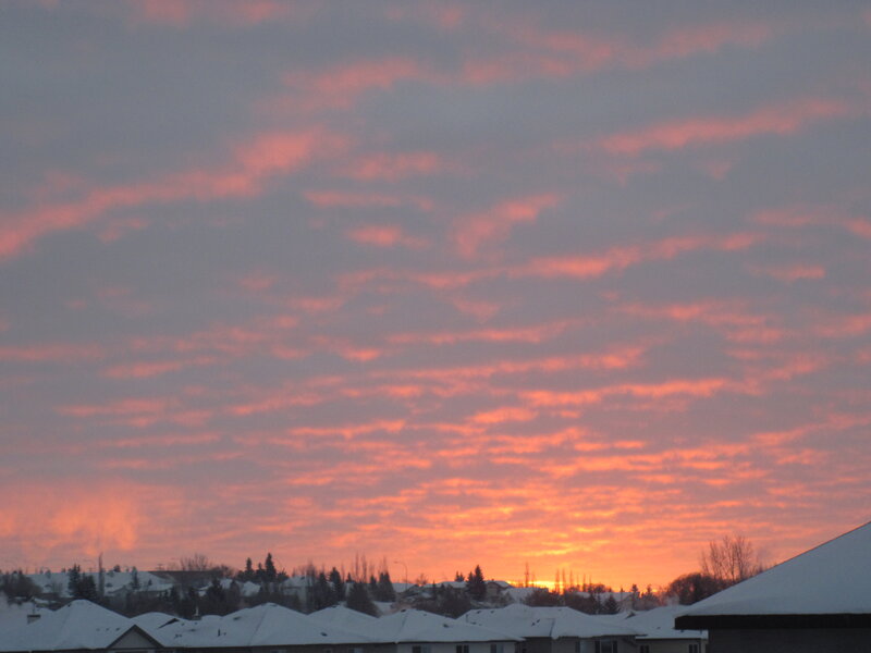 Snow-covered Houses at Sunset — Orange, Dramatic, Photograph