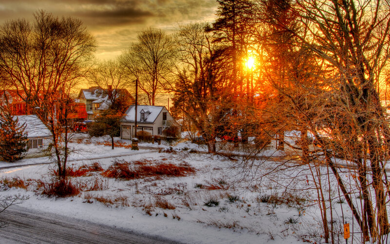 Snow-covered Houses at Sunset — Orange