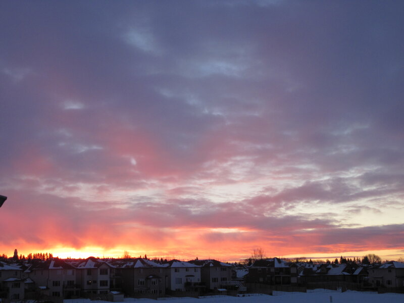 Snow-covered Houses at Sunset — Purple