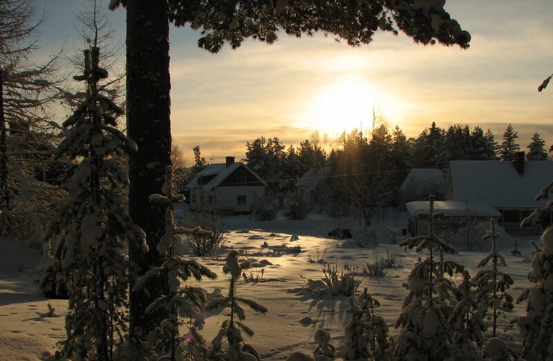 Snow-covered Houses at Sunset — White