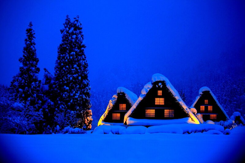 Snow-covered Houses — Blue, Serene, Night