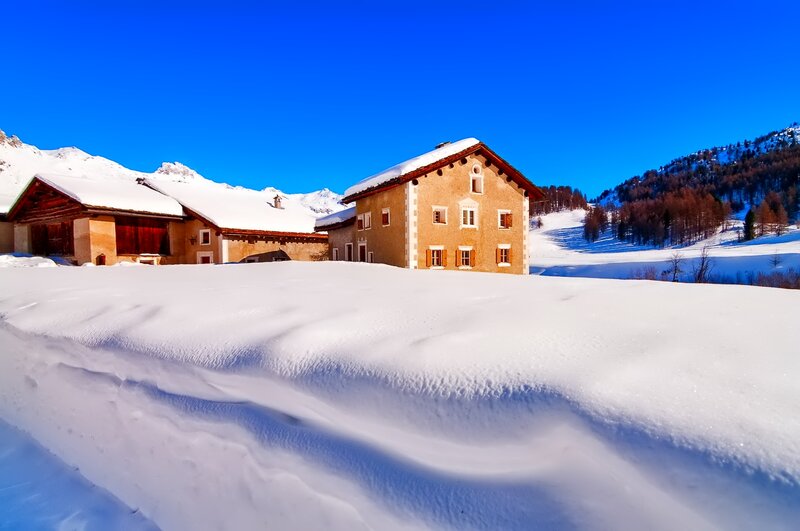Snow-covered Houses — Blue, Serene, Winter, Photograph, Mountains
