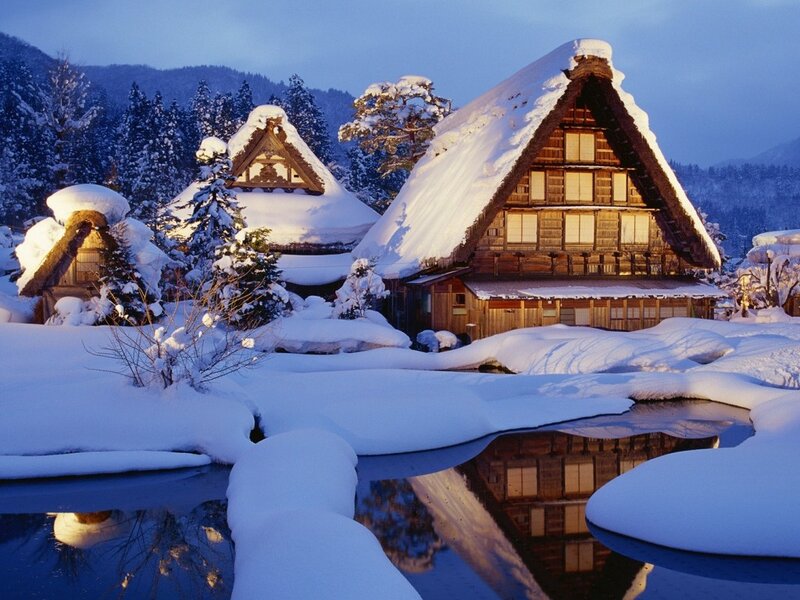 Snow-covered Houses — Blue, Serene, Winter, Photograph, Snow, Trees