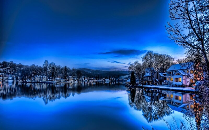 Snow-covered Houses by Lake — Blue