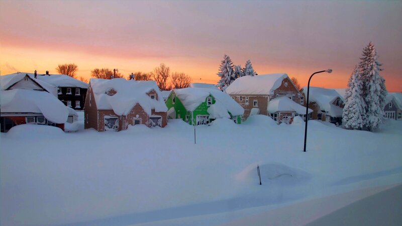 Snow-covered Houses — White, Serene, Sunset