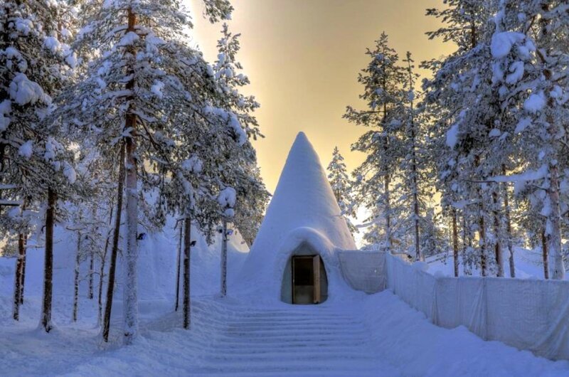 Snow-covered igloo in forest