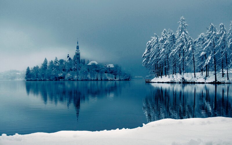 Snow-covered Island Church — Blue, Serene