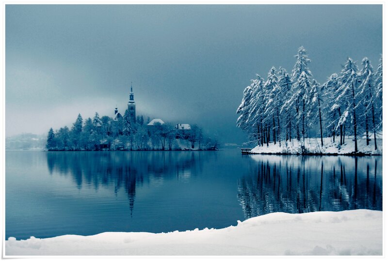 Snow-covered Island Church — Blue, Serene, Winter, Photograph