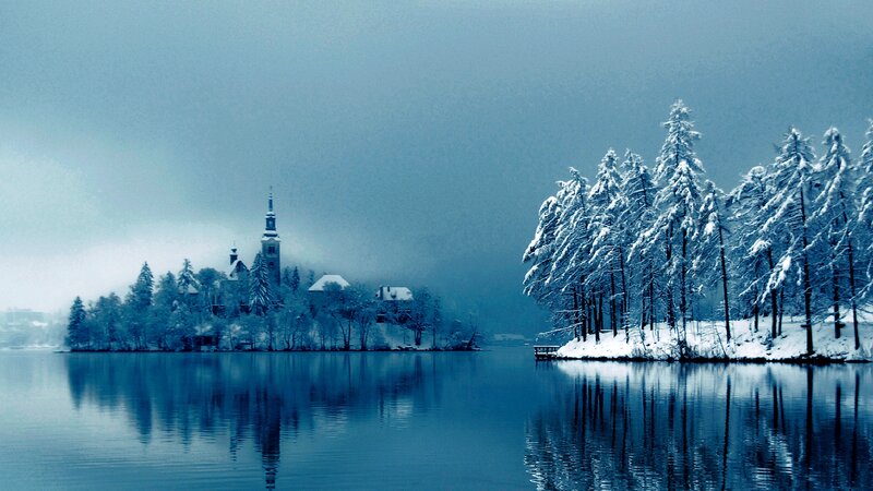 Snow-covered Island Church — Blue