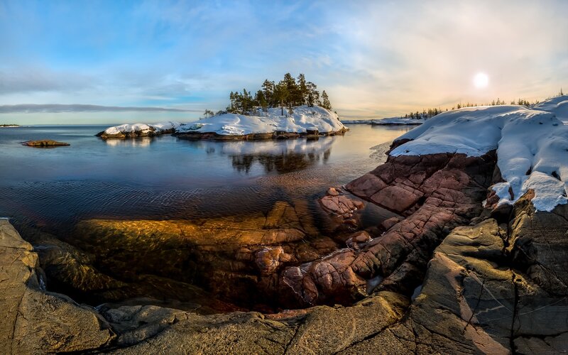 Snow-covered Island in Bay