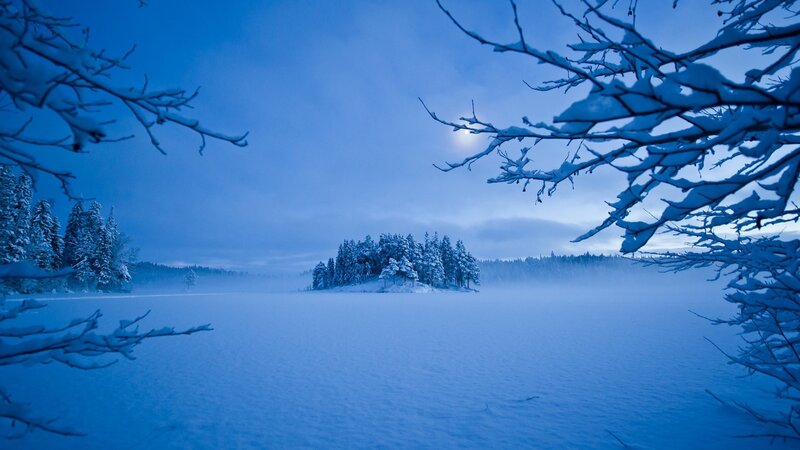 Snow-covered Island in Lake — Blue, Serene, Night, Photograph