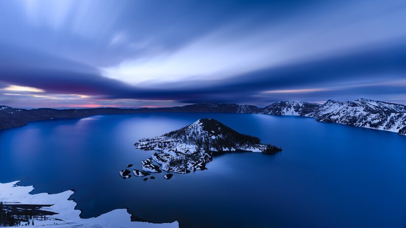 Snow-covered Island in Lake — Blue, Serene, Sunset, Photograph, Mountains