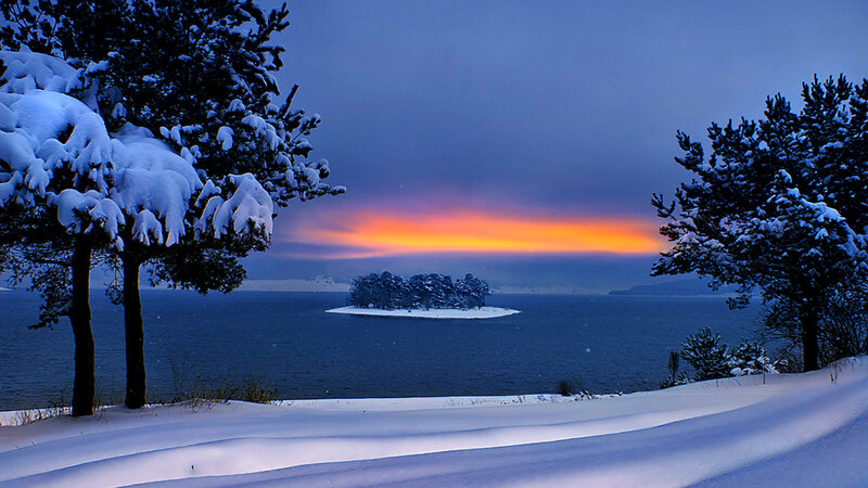 Snow-covered Island in Lake — Blue, Serene, Sunset