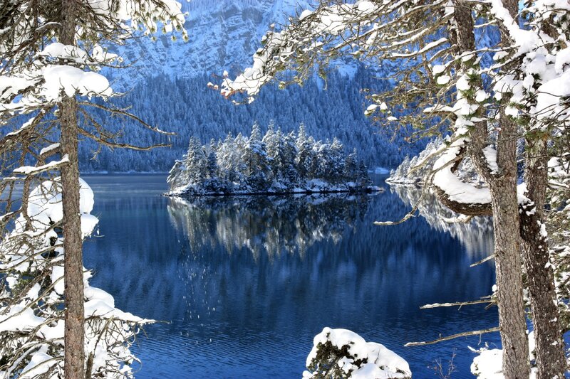 Snow-covered Island in Lake — Blue, Serene, Winter, Photograph