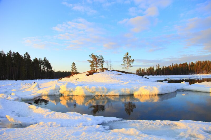 Snow-covered Island in Lake — Blue, Serene, Winter, Photograph, Trees