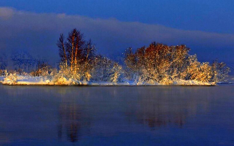 Snow-covered Island in Lake — Blue, Serene, Winter