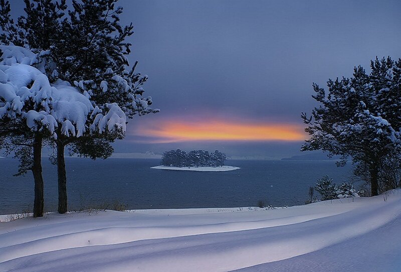 Snow-covered Island in Lake