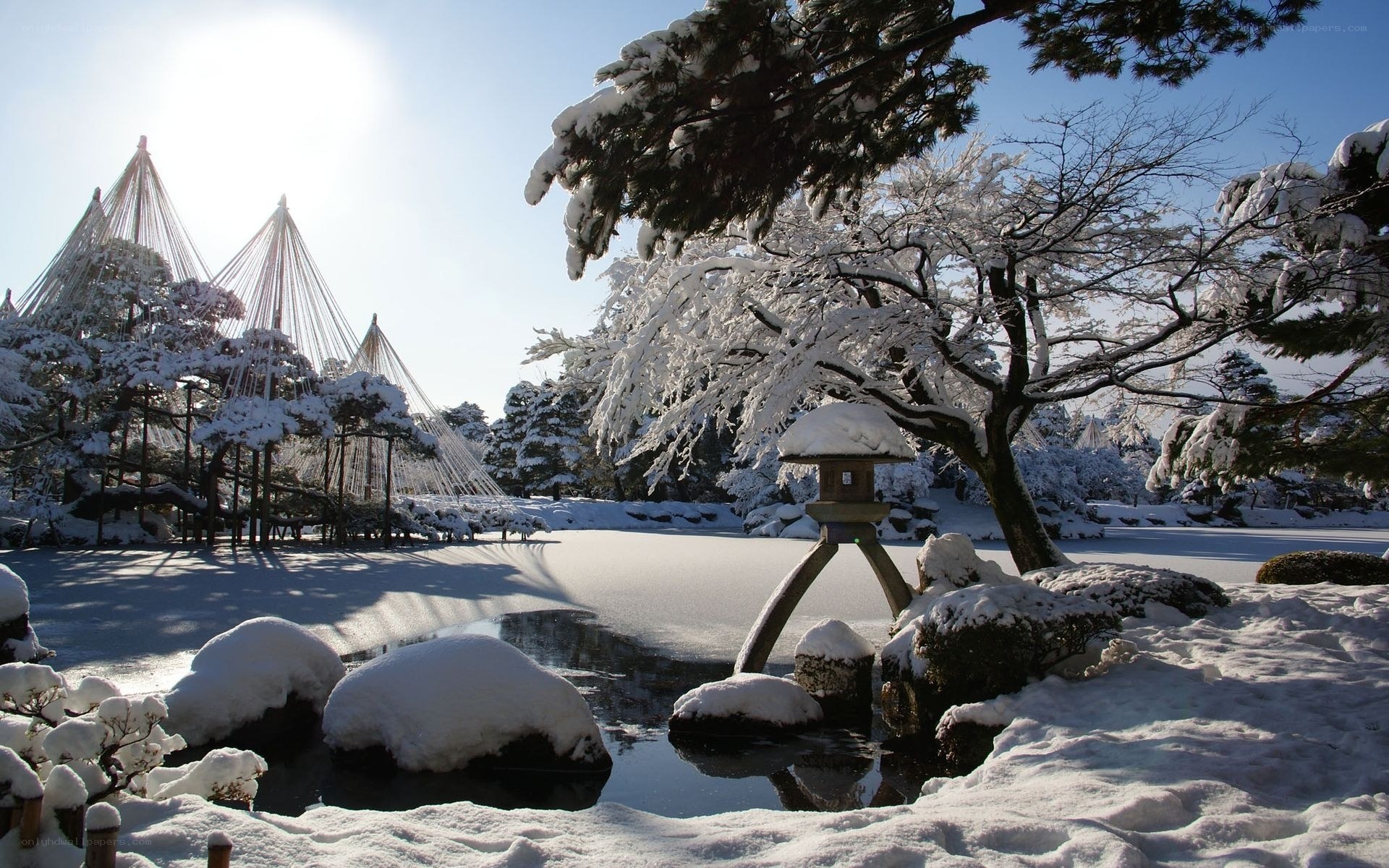 Snow-covered Japanese garden